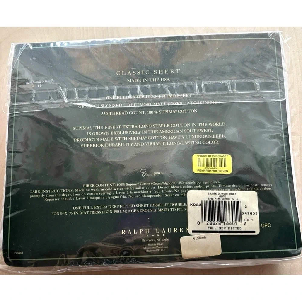 Ralph Lauren Classic White Full Extra Deep Fitted Sheet NIP NOS Supima Cotton